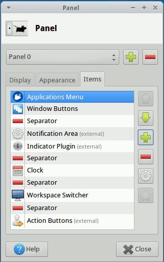 elementos del panel xfce