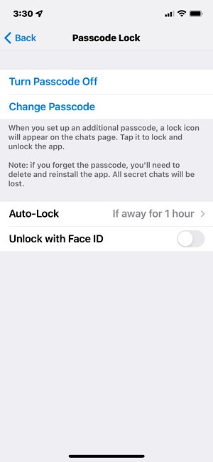 Bloqueo de código de acceso de Telegram Face ID activado