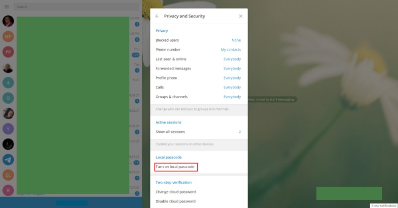 Bloqueo de contraseña de Telegram Haga clic en Activar contraseña local