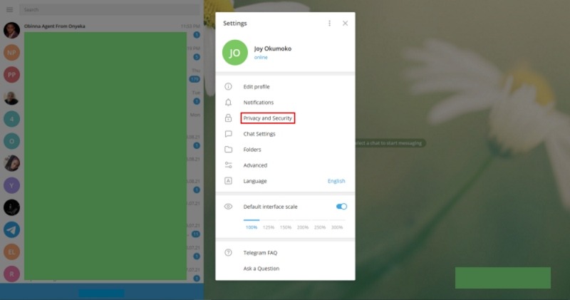 Bloqueo de contraseña de Telegram Haga clic en Privacidad y seguridad