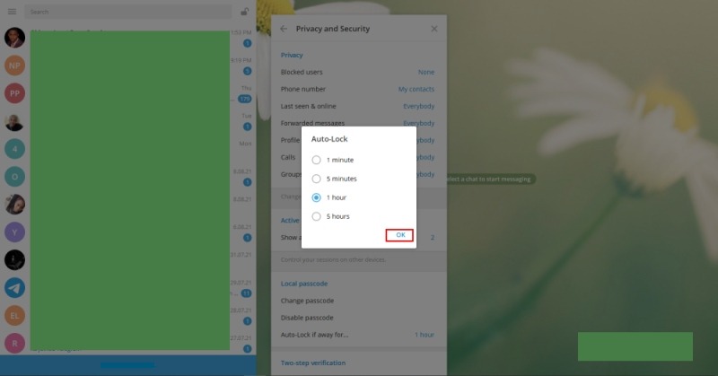 Bloqueo de contraseña de Telegram Seleccionar hora Haga clic en Aceptar