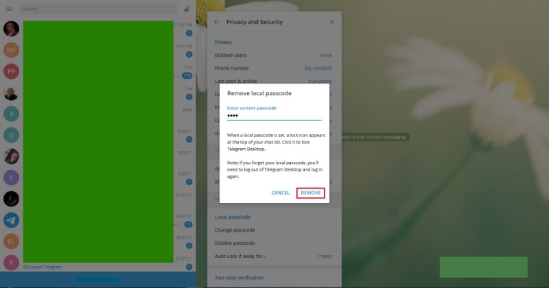 Código de acceso de Telegram Eliminar código de acceso local