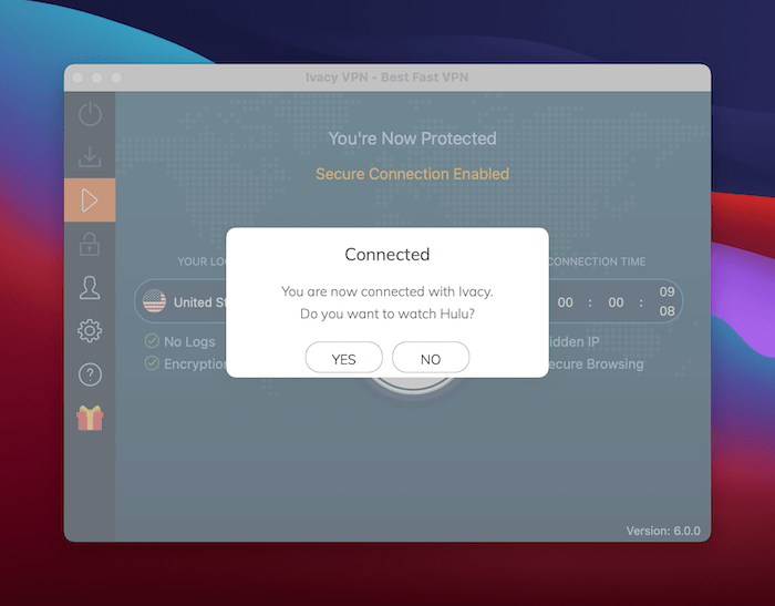 Conexión a Hulu con Ivacy VPN.