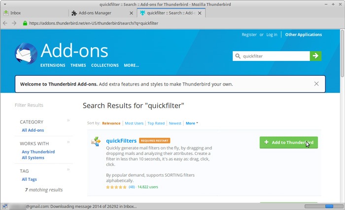 Bandeja de entrada organizada Thunderbird Quickfilters Instalar Quickfilters 