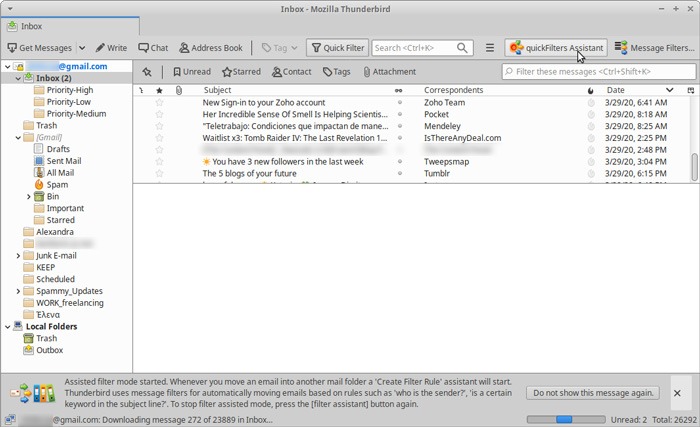Bandeja de entrada organizada Thunderbird Quickfilters Habilitar asistente 
