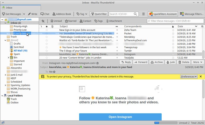 Bandeja de entrada organizada Thunderbird Quickfilters Arrastrar Soltar Correo