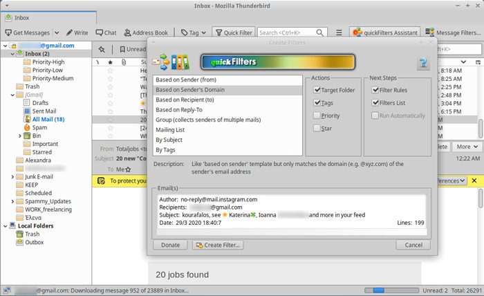 Bandeja de entrada organizada Thunderbird Quickfilters Ventana de filtrado
