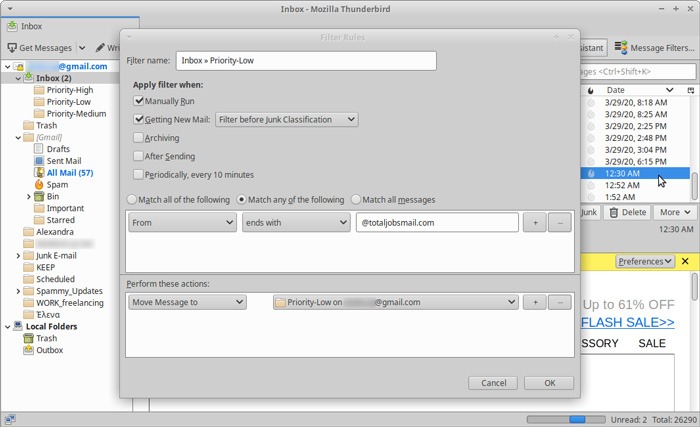 Bandeja de entrada organizada Thunderbird Quickfilters Configuración del filtro