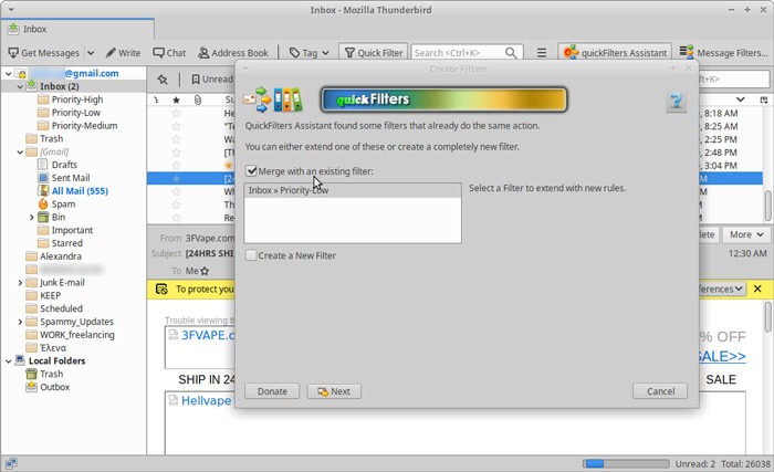 Bandeja de entrada organizada Thunderbird Quickfilters Fusión de filtros