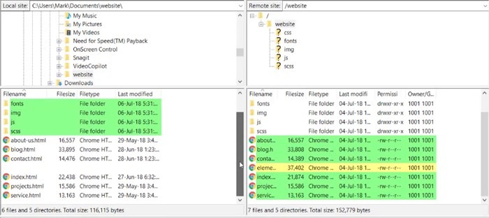 Comparación de directorios de Filezilla Pro