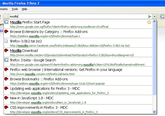 Captura de pantalla de Firefox 3 Beta 2: menú desplegable de la barra de ubicación
