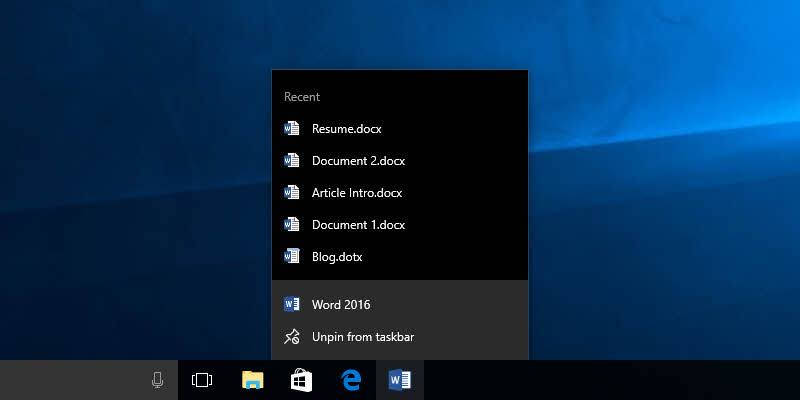 Cómo borrar la lista de saltos de documentos recientes al apagar en Windows 10