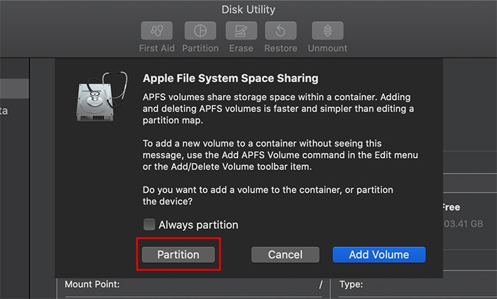 Opción de partición de unidad de partición Macos