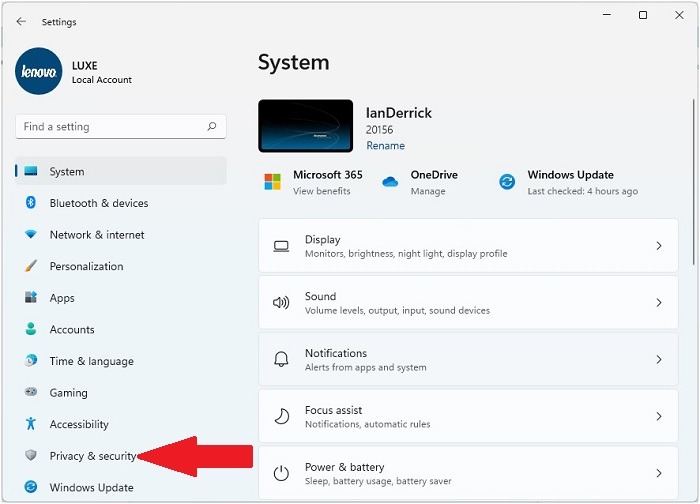 Página de configuración del sistema