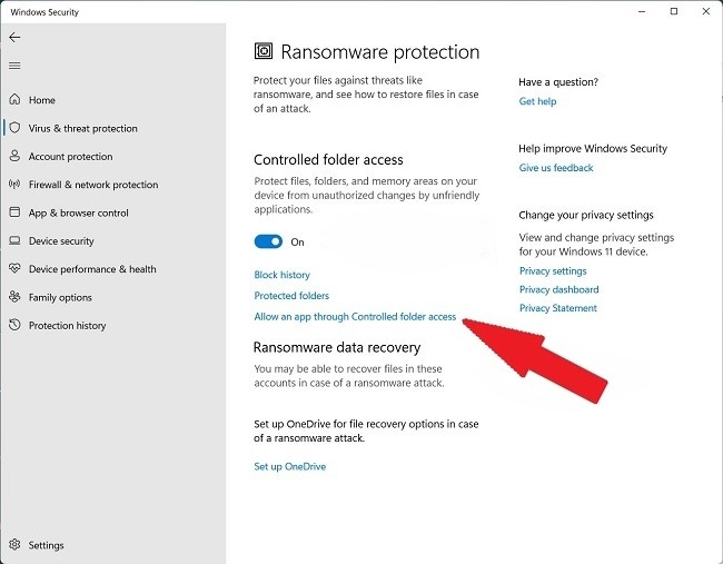 Aplicaciones permitidas con protección contra ransomware