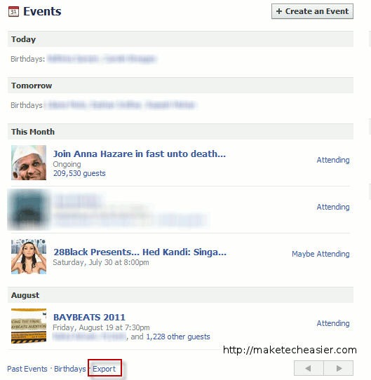 página de eventos de fb