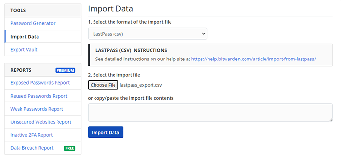 Bitwarden Importar datos Elegir archivo