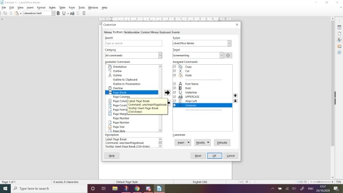 Captura de pantalla que muestra las opciones de configuración de la barra de herramientas en LibreOffice Writer.