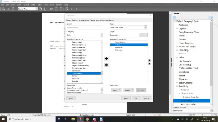 Captura de pantalla que muestra la pantalla de configuración del menú personalizado en LibreOffice.