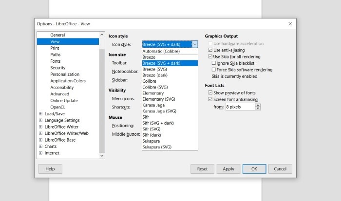 Captura de pantalla que muestra las opciones de selección del conjunto de iconos en LibreOffice.