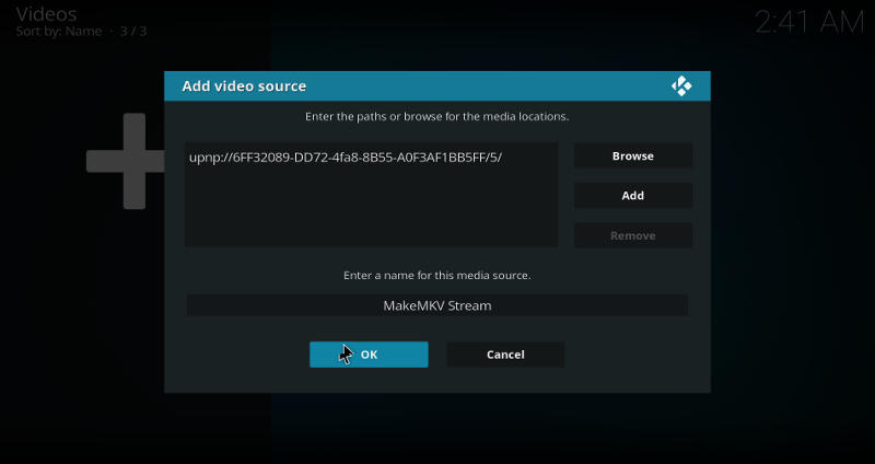 Kodi Seleccione la fuente MakeMKV