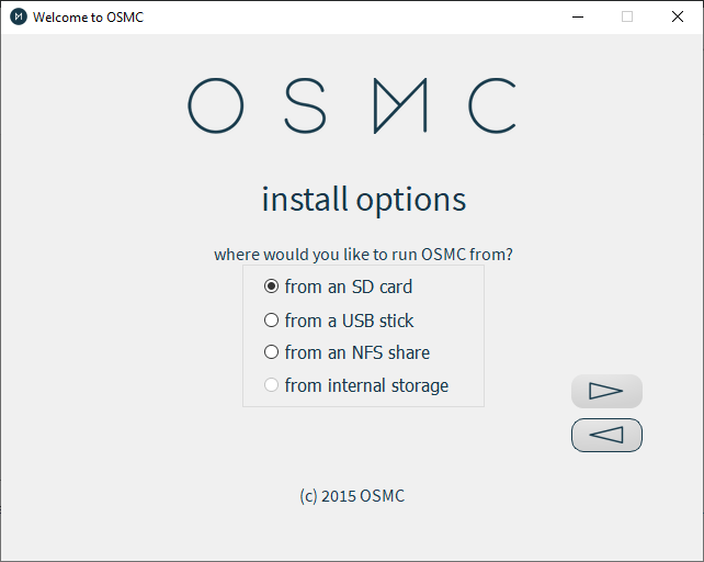 Menú de destino de instalación del instalador de Osmc