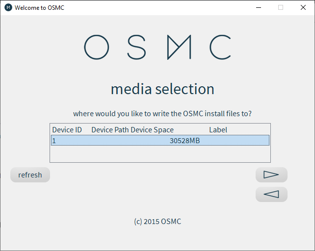 Menú de selección de medios del instalador Osmc