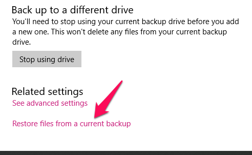 restauración del historial de archivos de windows10