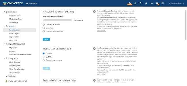 Ajustes de revisión de Onlyoffice Workspace Cloud