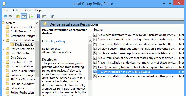 Busque y haga doble clic en la configuración 'Evitar la instalación de dispositivos extraíbles'.