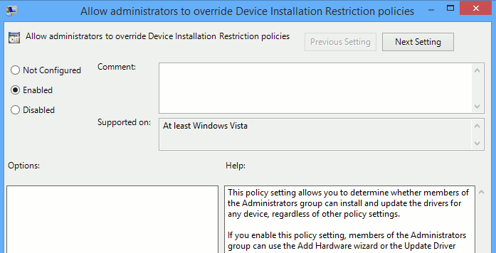 Abra la ventana de configuración de la política respectiva.