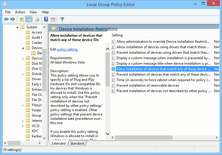 Configure la directiva de grupo para que solo permita la instalación de dispositivos extraíbles de solo los ID de hardware enumerados.