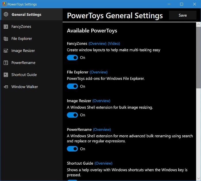 Ajustes generales de Powertoys