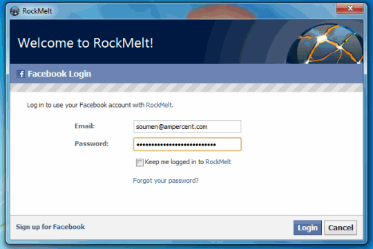 Inicio de sesión de Rockmelt: conéctese con su cuenta de Facebook