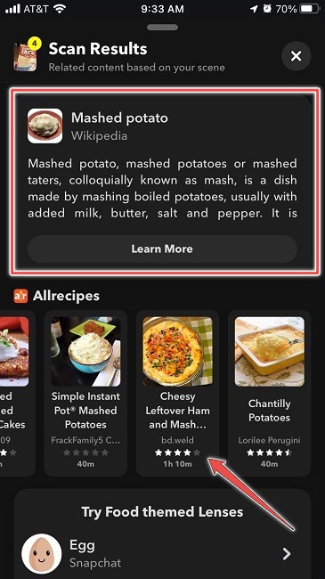 Usos inesperados Resultados de escaneo de alimentos de Snapchat
