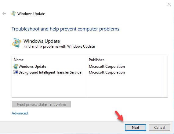 reparar la pantalla de inicio del solucionador de problemas de actualización de Windows