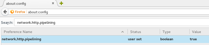 Haga doble clic y establezca network.http.pipelining en verdadero.