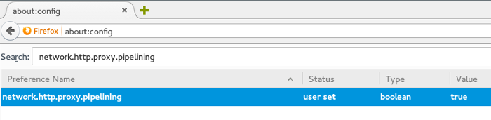 Haga doble clic en network.http.proxy.pipelining para habilitarlo.