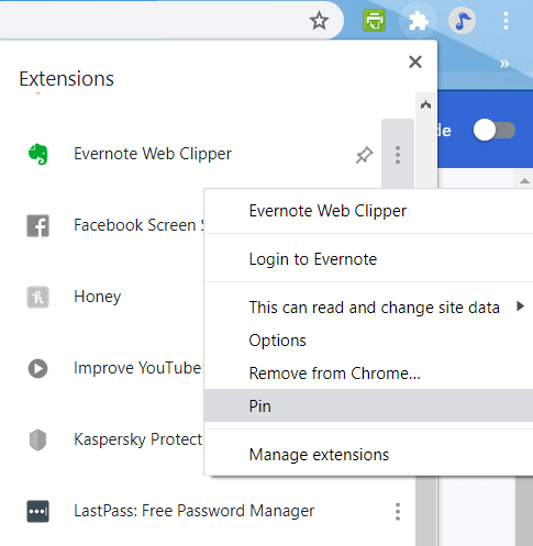 Ocultar extensiones Chrome Pin Extension