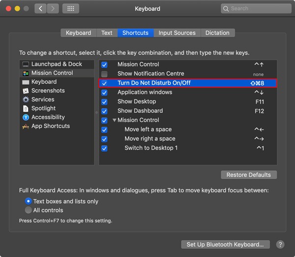 Combinación de teclas de acceso directo de No molestar