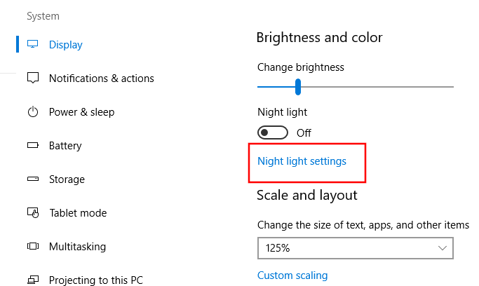 configuración de luz nocturna de Windows