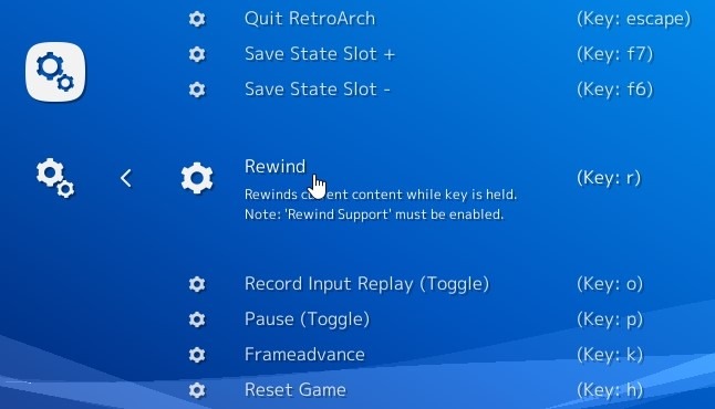 Retroarch Rewind Verificación de asignación de teclas