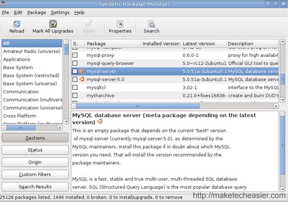 MySQL en el Administrador de paquetes Synpatic