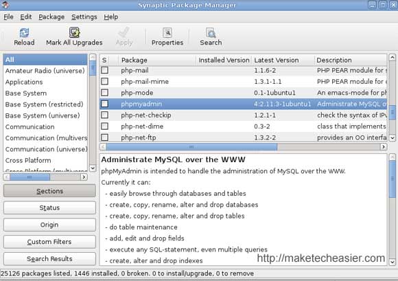 phpmyadmin en el Administrador de paquetes Synpatic