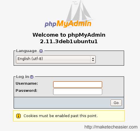 página de inicio de sesión de phpmyadmin