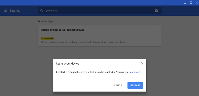 Powerwash Chromebook Confirmar Powerwash