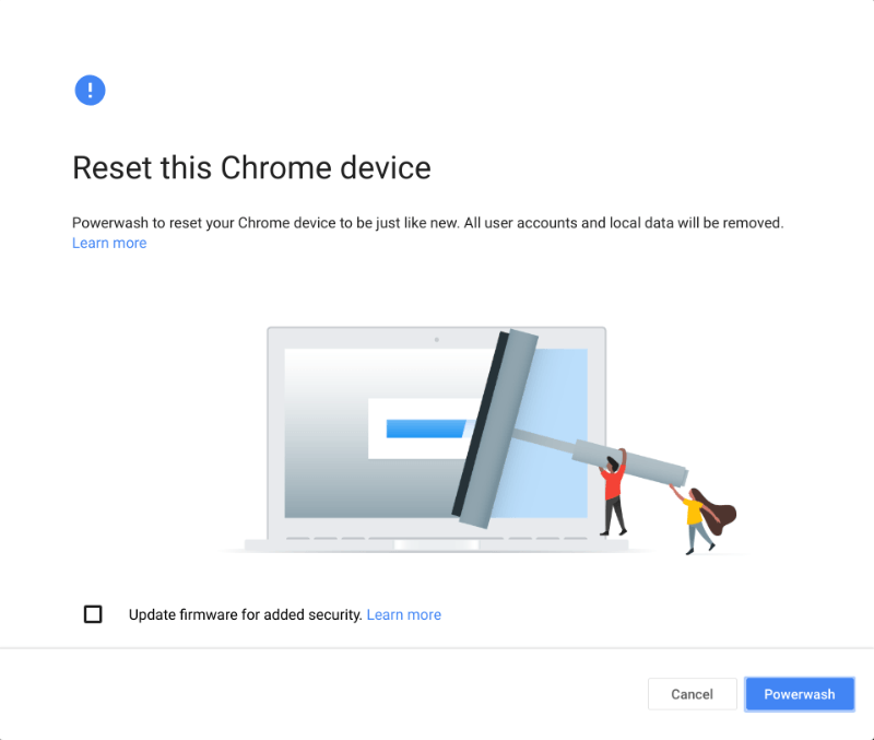 Powerwash Chromebook Confirmar después de reiniciar