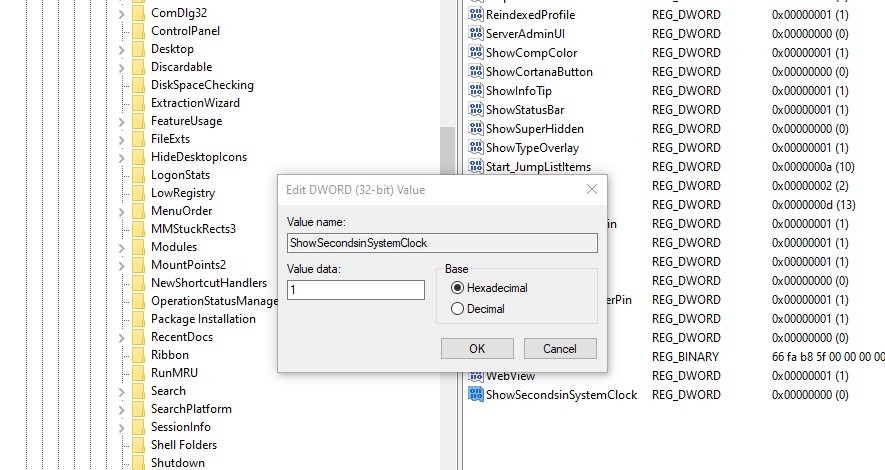 Mostrar segundos en el reloj del sistema Windows 10 Regedit