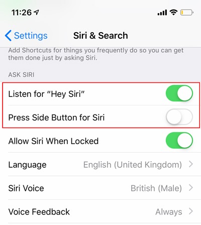 Deshabilitar las opciones de apagado de Siri Ios