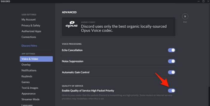 Configuración de paquetes de audio y video de Discord